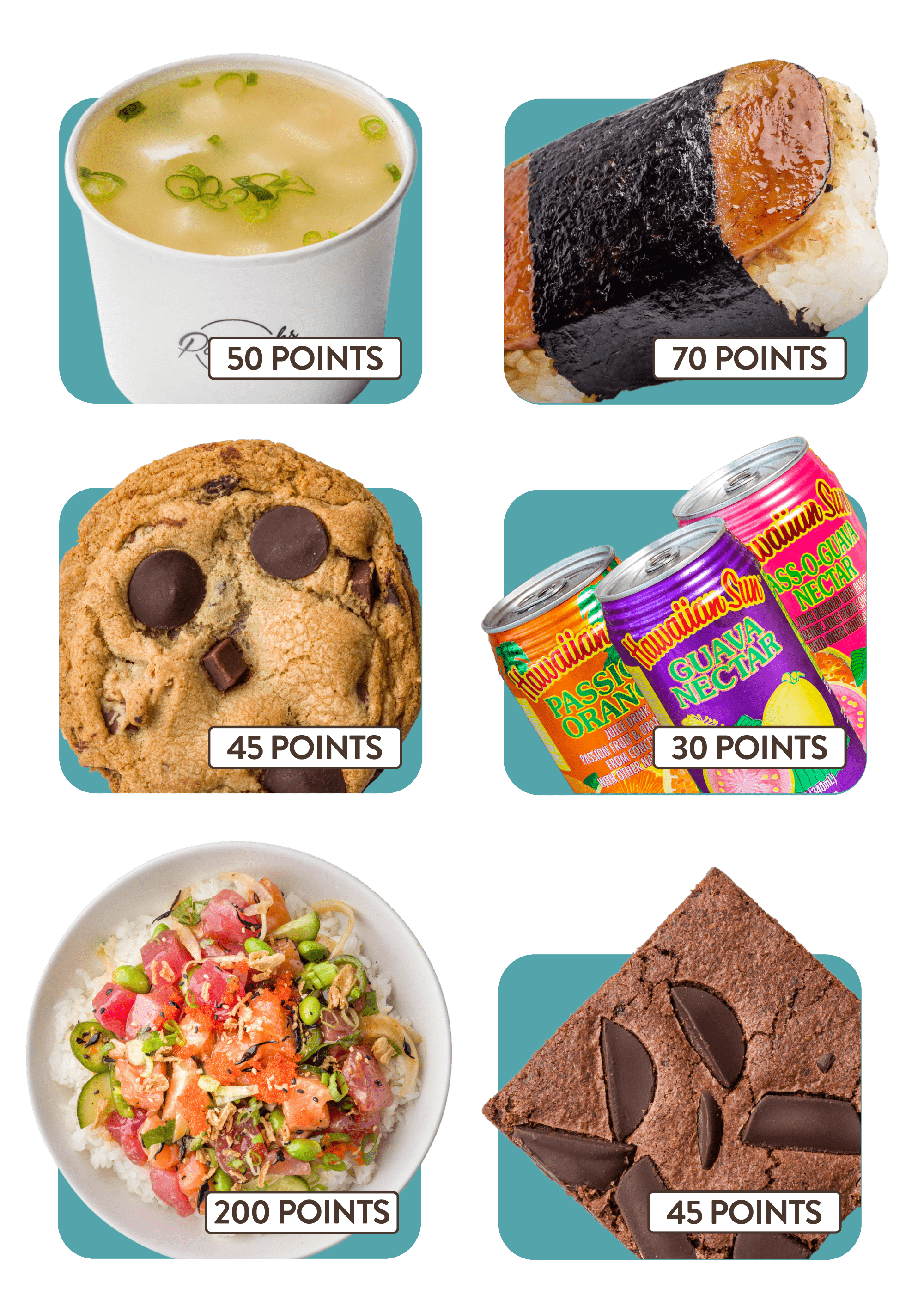 Miso soup reward for 50 points, Garlic Spam Musubi reward for 70 points, Regular entree reward for 200 points, Cookie reward for 45 points, Canned or bottled beverage for 30 points, and Chocolate Brownie reward for 45 points