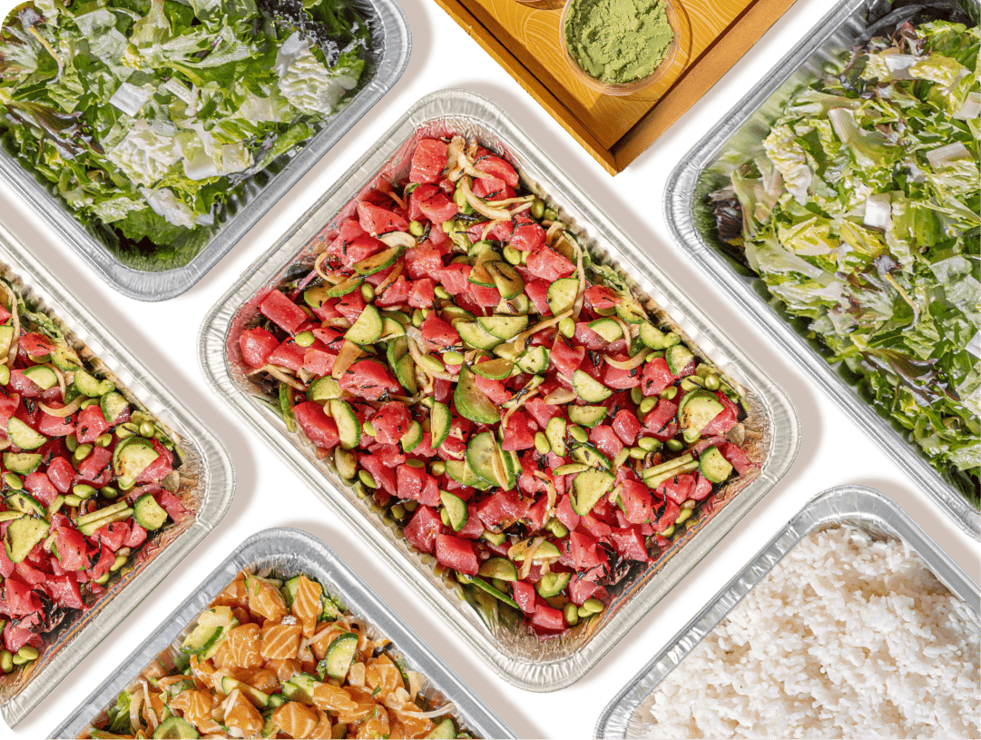 Catering Box includes Ahi tuna, Salads, Salmon, Tuna, Rice, Avocado