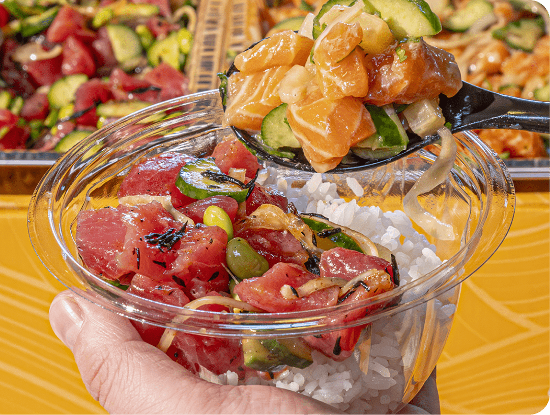 Bowl full of Rice, Ahi tuna, Salmon and Cucumber