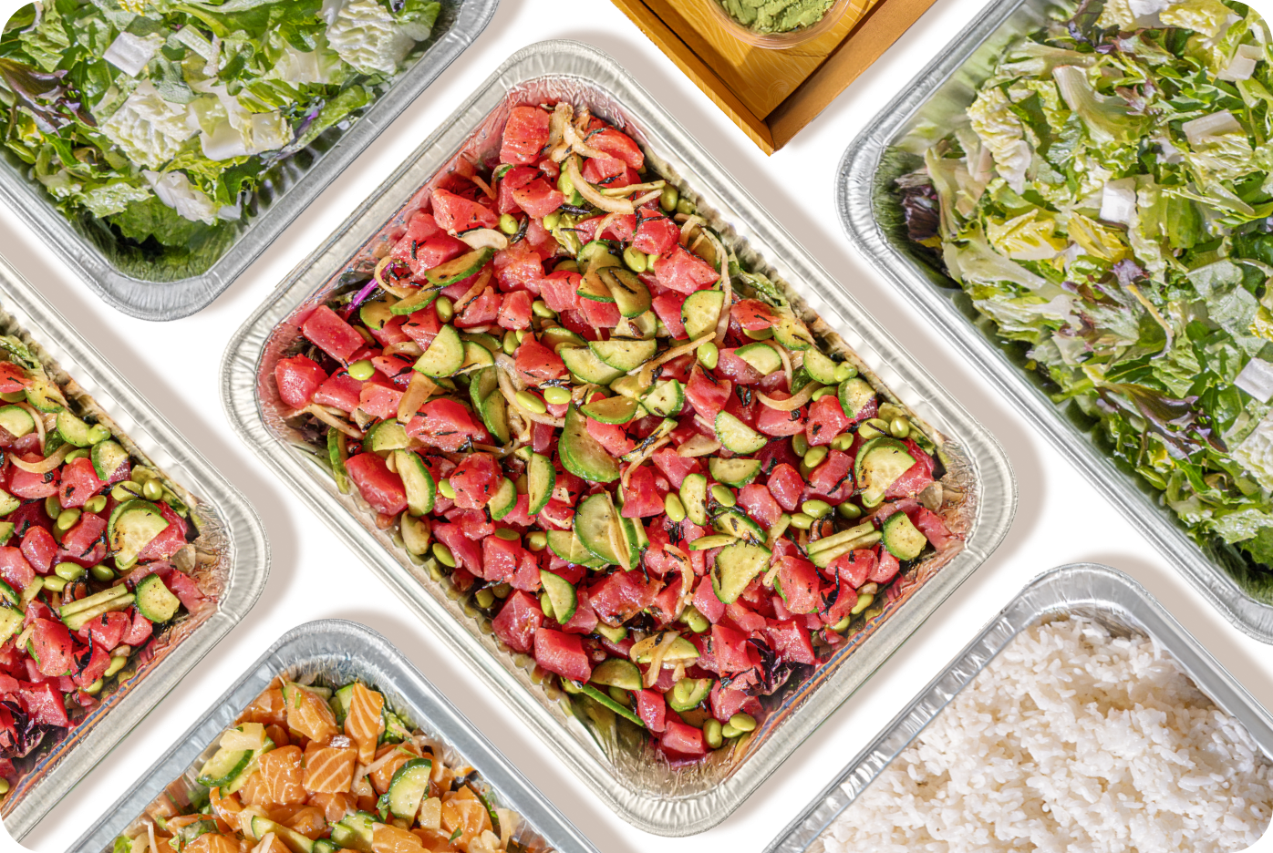 Catering Box includes Ahi tuna, Salads, Salmon, Tuna, Rice, Avocado