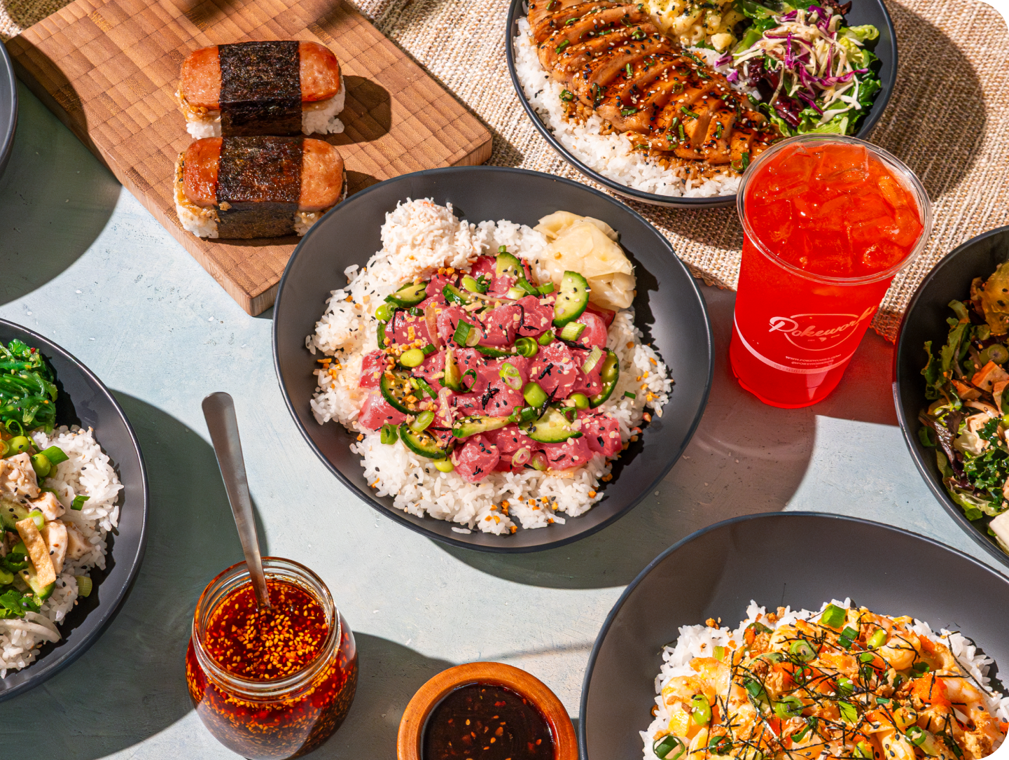 Umami Ahi, Huli Huli Chicken, Spicy Ahi, Spam Musubi