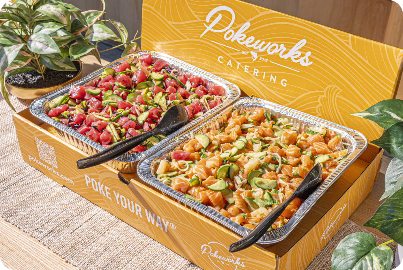 Pokeworks Catering box showcasing Salmon and Tuna 