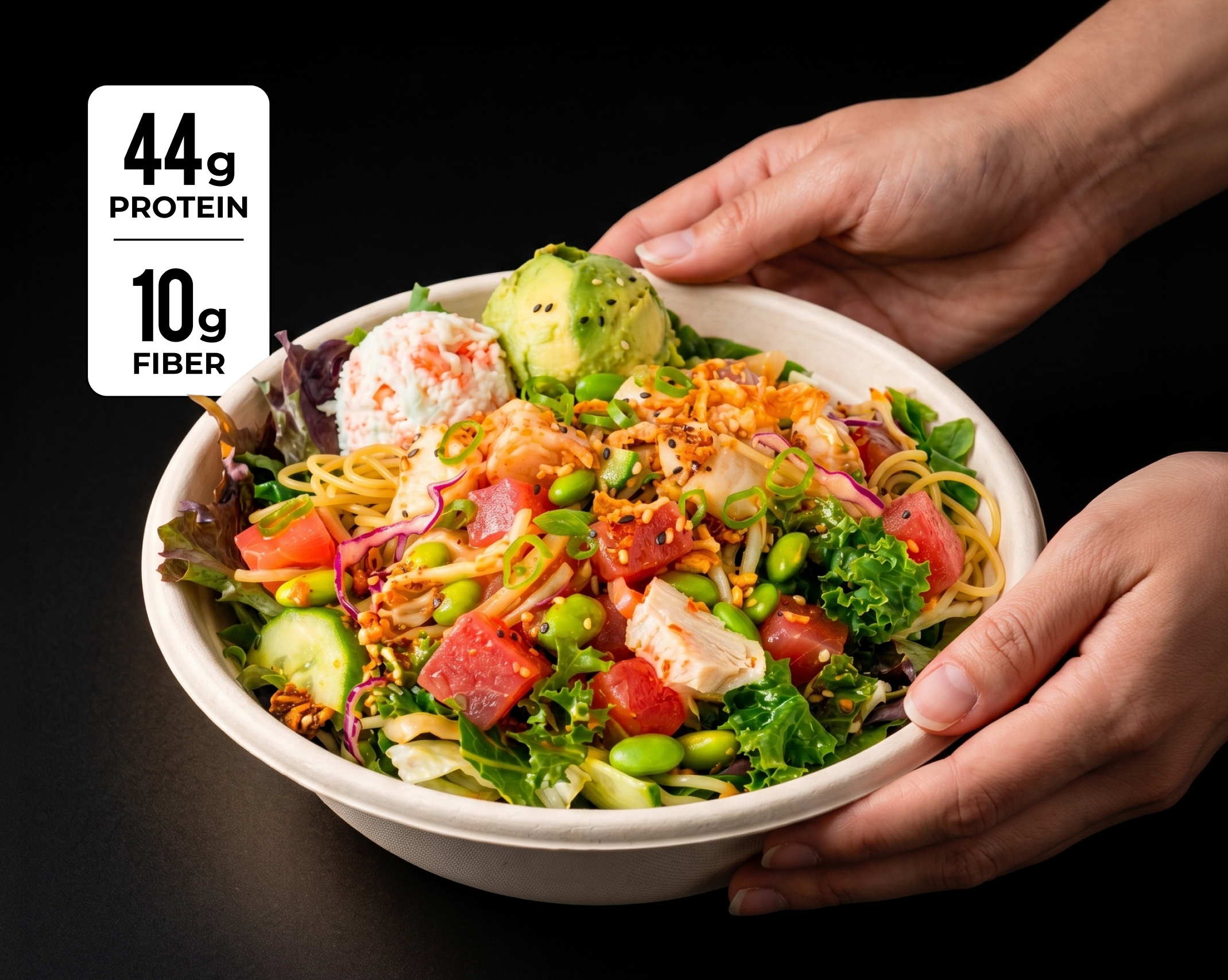 Pokeworks Surf bowl - 44grams of protein and 10grams of fiber.